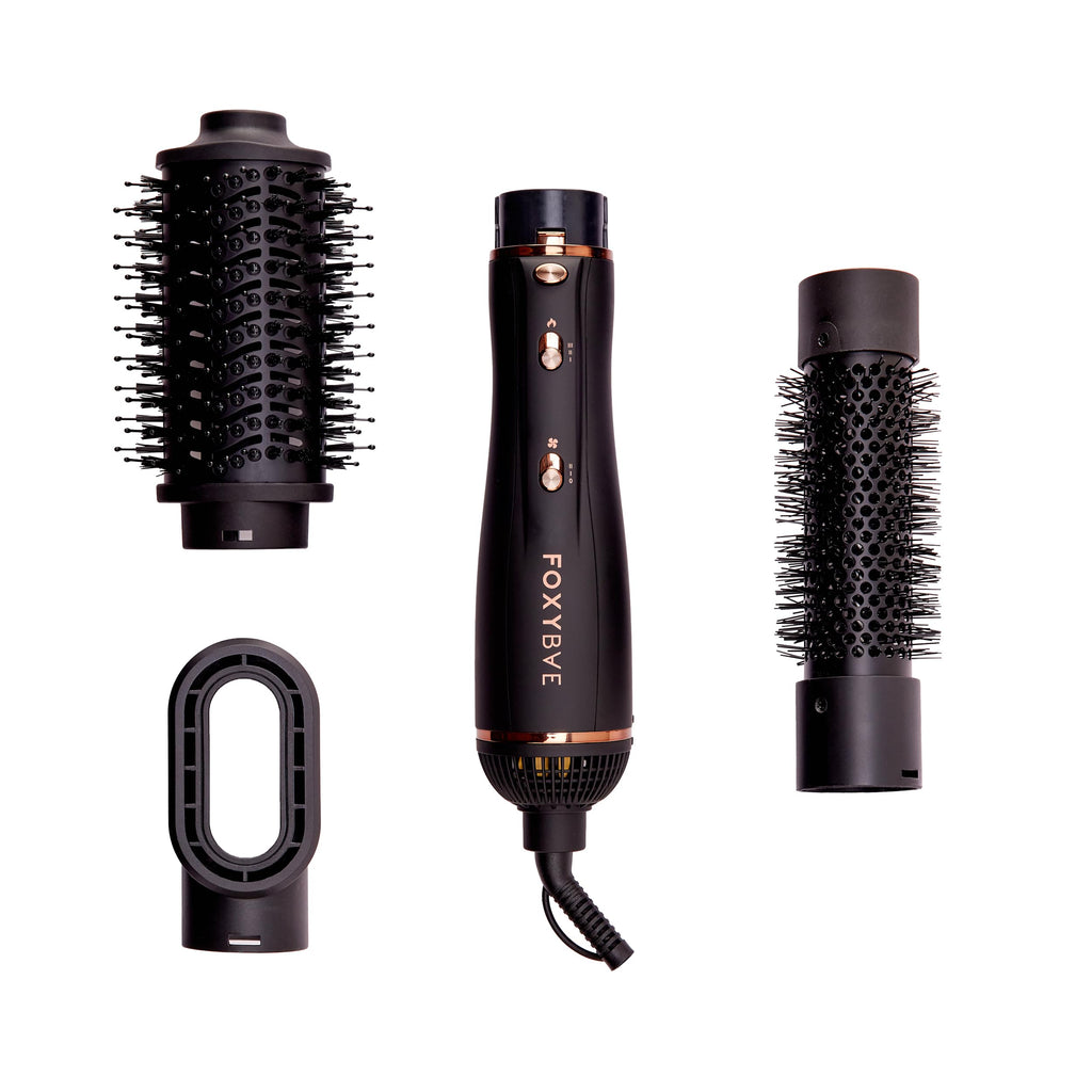FoxyBae 3-in-1 Ceramic Interchangeable Hair Tools - Blowout Dryer - 3 Detachable Heads: 2.4" Blowout Brush 1.5" Hot Round Brush & Drying Cylinder Hair Dryer Brush & Hair Styling Set [Black Rose-Gold]
