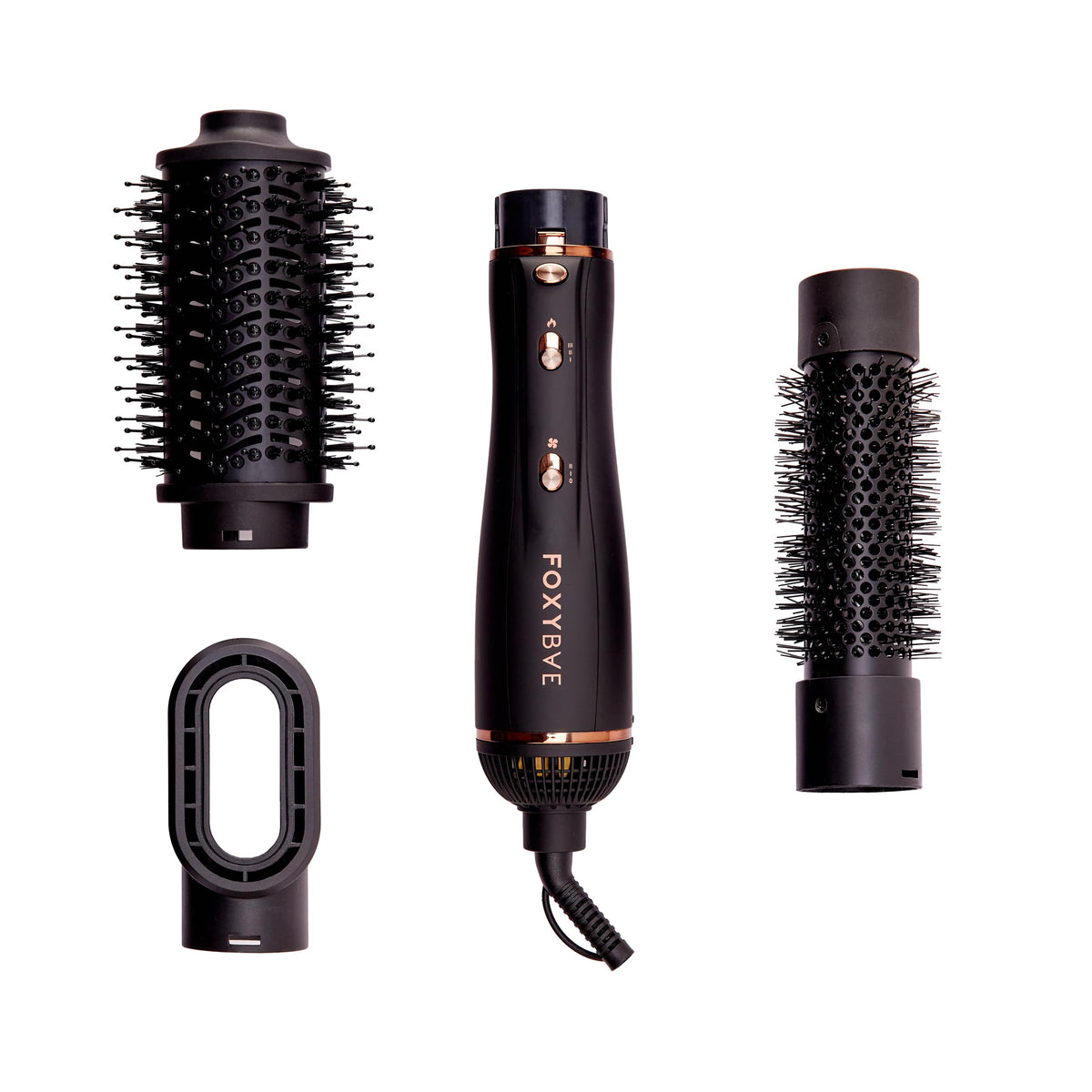 FoxyBae 3-in-1 Ceramic Interchangeable Hair Tools - Blowout Dryer - 3 Detachable Heads: 2.4" Blowout Brush 1.5" Hot Round Brush & Drying Cylinder Hair Dryer Brush & Hair Styling Set [Black Rose-Gold]