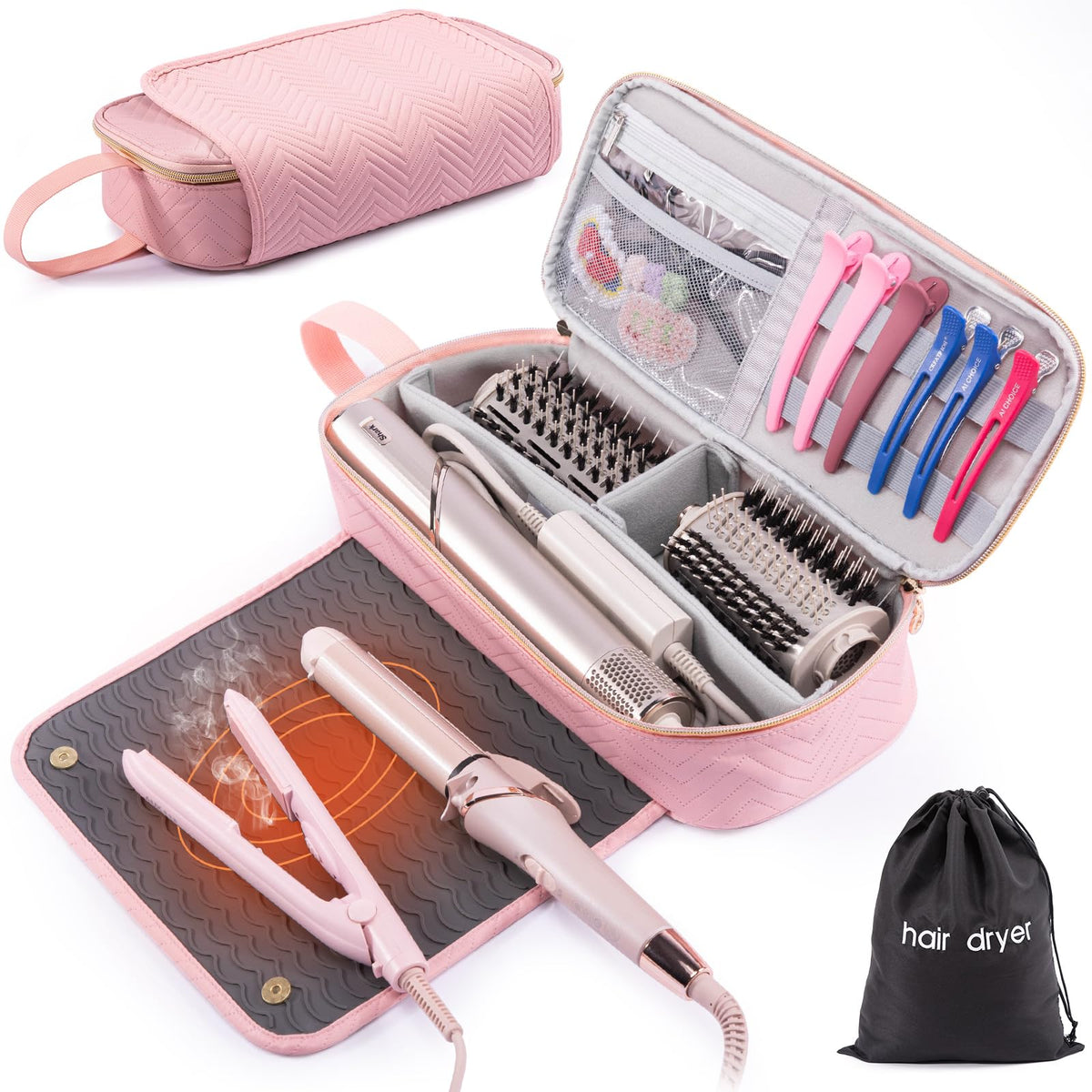 ELCUPA 2IN1 Hair Tools Travel Bag with Heat Resistant Mat for Flat Irons Straighteners Curling Iron Hair Dryer Case Compatible with Revlon One-Step Hair Dryer Shark Flexstyle Hair Essentials